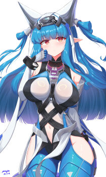 Rule 34 | 1girl, absurdres, arknights, arknights: endfield, artist name, blue hair, blue pantyhose, blush, breasts, bright pupils, closed mouth, clothing cutout, commentary, cowboy shot, dated, groin, hand on own cheek, hand on own face, highres, hip vent, large breasts, last rite (arknights), light smile, long hair, looking at viewer, navel, orange eyes, pantyhose, pointy ears, simple background, solo, standing, white background, white pupils, yeong100