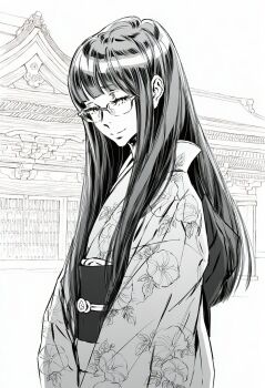 1girl aquaberrymarine black_hair blunt_bangs commentary_request floral_print floral_print_kimono glasses highres japanese_clothes kimono long_hair monochrome nose original print_kimono smile temple