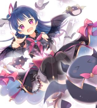 1girl 2019 artist_name artist_request bare_shoulders bat_(animal) bat_wings black_legwear black_wings blue_hair blush book bow cloud dress feather_hair_ornament feathers female_focus hair_bun hair_ornament long_hair looking_at_viewer love_live! love_live!_sunshine!! moon pointing pointing_at_viewer purple_bow red_eyes single_hair_bun skirt smile solo song_name striped_clothes striped_dress tsushima_yoshiko v wings