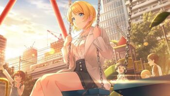 2boys 2girls ball black_hair blonde_hair blue_eyes brown_hair building buttons chain cloud coat game_cg hachimiya_meguru idolmaster idolmaster_shiny_colors leaf multiple_boys multiple_girls official_art parallel_collection playground sitting sunset swing train tree