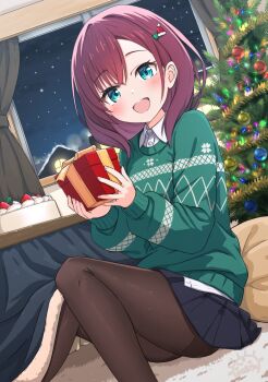 1girl :d black_skirt blue_eyes blush brown_hair brown_pantyhose building cake christmas christmas_cake christmas_ornaments christmas_tree collared_shirt commentary_request curtains dress_shirt dutch_angle feet_out_of_frame food gamyuu_(gamyu) gift green_sweater hair_between_eyes highres holding holding_gift indoors long_sleeves looking_at_viewer night open_mouth original pantyhose pleated_skirt puffy_long_sleeves puffy_sleeves shirt skirt sky sleeves_past_wrists smile snowing solo sweater thighband_pantyhose white_shirt window
