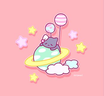 animal_focus animated animated_gif balloon black_cat cat closed_eyes closed_mouth cloud commentary drop_shadow english_commentary hat looping_animation mai_narushima nightcap no_humans on_mini_planet original pink_background pink_hat signature simple_background sleeping solo star_(symbol) yume_kawaii