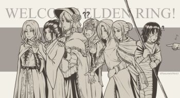 1other 6+girls ? anastacia_of_astora ascot bag bandages blindfold_mask bloodborne bonnet choker cloak closed_mouth commentary company_connection covered_eyes dark_souls_(series) dark_souls_i dark_souls_ii dark_souls_iii demon&#039;s_souls dress elden_ring emerald_herald emma_the_gentle_blade english_commentary english_text eye_mask facing_another feet_out_of_frame fire_keeper flower flying_sweatdrops fromsoftware greyscale hair_bun hair_over_one_eye hand_up hands_on_another&#039;s_shoulders haori hat holding holding_staff hood hood_up interlocked_fingers japanese_clothes jewelry kimono long_hair long_sleeves looking_at_viewer maiden_in_black mask melina_(elden_ring) monochrome multiple_girls no_eyes one_eye_closed open_mouth parted_hair pendant plain_doll pointing robe rose satchel sekiro:_shadows_die_twice short_hair single_hair_bun sleeves_past_wrists smile staff sweatdrop swept_bangs twitter_username two-tone_background updo v_arms vambraces yamanata