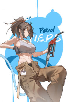 1girl absurdres alternate_costume bare_shoulders black_gloves black_hair breasts brown_eyes brown_pants closed_mouth commentary dated dated_commentary fingerless_gloves gas_pump gas_pump_nozzle gloves grey_sports_bra hair_between_eyes highres holding large_breasts looking_at_viewer midriff multicolored_hair navel pants ponytail red_hair red_streaks sideboob solo sports_bra streaked_hair white_background xiangzuo_zhi zenless_zone_zero zhu_yuan