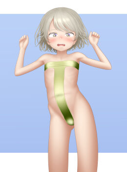 1girl absurdres arms_up cowboy_shot female_focus gluteal_fold grey_eyes grey_hair highres hip_bones looking_at_viewer one-piece_swimsuit open_mouth original paid_reward_available sc_naru short_hair solo strapless strapless_one-piece_swimsuit swimsuit teeth thighs upper_teeth_only