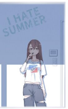 1girl asymmetrical_bangs bracelet breasts brown_eyes brown_hair buttons collarbone cowboy_shot denim earrings expressionless hand_in_pocket highres indoors jeans jewelry light_switch long_hair midriff midriff_peek mixed-language_commentary navel original pants ryuga_(balius) shadow shirt small_breasts solo straight_hair sunlight t-shirt thermostat torn_clothes torn_jeans torn_pants