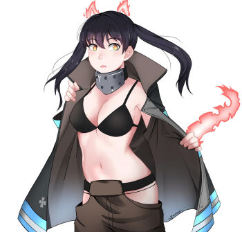 1girl animal_ears armpits artist_request bare_shoulders belt black_bra black_coat black_hair black_panties blush bra breasts cat_ears cat_tail cleavage clenched_hands coat collar collarbone collared_coat dressing embarrassed en&#039;en_no_shouboutai eyelashes female_focus fingernails fire firefighter hair_between_eyes highres large_breasts long_hair looking_to_the_side midriff navel neck outstretched_arms panties pants panty_peek putting_on_coat pyrokinesis revealing_clothes shiny_clothes shiny_skin shymiruku sidelocks simple_background slit_pupils spread_arms standing tail tamaki_kotatsu twintails underwear waist_cutout white_background yellow_eyes