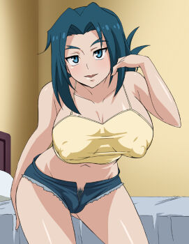 10s 1girl :&gt; :d adjusting_hair arm_behind_back bare_shoulders bed blue_eyes blue_hair blue_shorts breasts breasts_apart camisole cleavage contrapposto covered_erect_nipples cowboy_shot crop_top cutoffs denim denim_shorts female_focus female_pubic_hair folded_ponytail forked_eyebrows future_card_buddyfight hand_up hip_focus indoors large_breasts leaning_forward long_hair makino_tomoyasu matching_hair/eyes mature_female midriff mikado_suzumi naughty_face navel no_bra open_fly open_mouth pillow pubic_hair puffy_nipples shirt short_shorts shorts sideboob smile solo standing taut_clothes taut_shirt thighs yellow_shirt