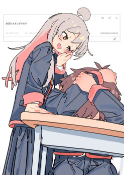 1boy 1girl :d absurdres ahoge black_jacket black_pants black_skirt blush brown_eyes brown_hair colored_inner_hair desk grey_hair haruyuki_(gffewuoutgblubh) highres jacket long_hair long_skirt long_sleeves mocking multicolored_hair onii-chan_wa_oshimai! open_mouth oyama_mahiro pants pink_hair pleated_skirt request_inset sakurada_yuuta school_desk simple_background sitting skirt smile teasing translation_request two-tone_hair white_background