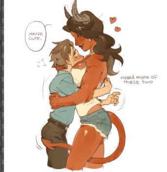 1boy 1girl belt black_hair black_pants blue_shirt blush brown_hair colored_skin commentary deatluv demon_girl demon_horns demon_tail dispatch earrings english_commentary english_text heart height_difference horns jewelry leotard long_hair malevola_(dispatch) pants red_skin robert_robertson shirt short_hair simple_background speech_bubble sweatdrop tail white_background white_leotard