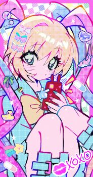 1girl absurdres bird blonde_hair blue_eyes blue_hair blue_serafuku bow bubble chouzetsusaikawa_tenshi-chan closed_mouth colorful commentary dolphin duck english_commentary feet_out_of_frame grizzace hair_bow heart highres holding holding_phone knees_up long_hair long_sleeves looking_at_viewer multicolored_hair multicolored_nails multiple_hair_bows needy_girl_overdose notice_lines phone pill pink_bow pink_hair pixelated quad_tails sailor_collar school_uniform serafuku sitting solo star_(symbol)