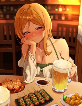Rule 34 | 1girl, absurdres, alcohol, beer, beer mug, blonde hair, blurry, blurry background, blush, breasts, cabbage (chlehd2239), cleavage, collarbone, cup, elbow rest, food, head rest, highres, holding, holding cup, idolmaster, idolmaster million live!, karaage, large breasts, long hair, looking at viewer, momose rio, mug, nose blush, pov across table, restaurant, smile, solo, soy sauce, takoyaki, yakitori