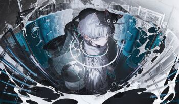 1girl absurdres animal animal_on_head black_cat cat cat_on_head chain-link_fence commentary_request earrings fence glowing grey_eyes grey_hair grey_jacket high_collar highres incredibly_absurdres jacket jewelry looking_at_viewer on_head original ring rolua short_hair solo spool standing wire