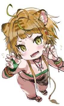 1girl ahoge animal_ear_fluff animal_ears blonde_hair blush bracelet breasts bridal_gauntlets brown_hair character_request claw_pose close-up crying earrings fangs from_above gloves green_eyes green_gloves green_hair green_nails green_shirt green_tube_top jewelry kkaebing lion_ears lion_girl lion_tail loincloth mole mole_under_eye multicolored_hair navel necklace open_mouth red_nails sandals shirt short_hair small_breasts solo strapless tail tears tooth_necklace tube_top white_background wristband