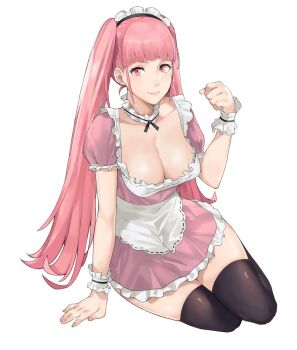 1girl apron black_thighhighs blunt_bangs blush breasts cleavage closed_mouth detached_collar female_focus fire_emblem fire_emblem:_three_houses frills highres hilda_valentine_goneril j@ck large_breasts lips long_hair looking_at_viewer maid maid_headdress matching_hair/eyes nintendo pink_eyes pink_hair short_sleeves simple_background skindentation smile solo thighhighs twintails very_long_hair waist_apron white_apron white_background wrist_cuffs zettai_ryouiki