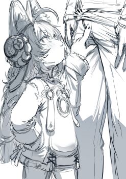 1boy 1girl ahoge animal_ears blush braid bulge closed_mouth commentary erection erection_under_clothes furry furry_female furry_with_non-furry greyscale hetero hews highres interspecies loli long_hair looking_at_another looking_up monochrome rabbit_ears rabbit_girl simple_background sketch smile standing twin_braids unfinished white_background zenless_zone_zero zhao_(zenless_zone_zero)