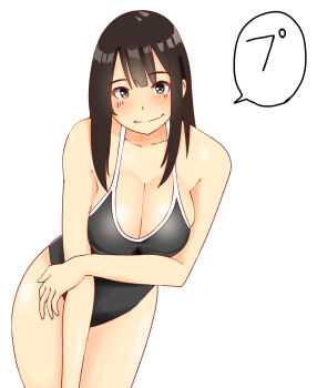 1girl black_hair black_one-piece_swimsuit breasts cleavage highres jin001 leaning_forward long_hair looking_at_viewer one-piece_swimsuit original school_swimsuit simple_background smile solo speech_bubble swimsuit white_background writing_on_face