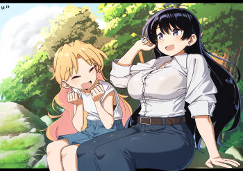 2girls :d absurdres arato_nagi arm_support belt black_bra black_hair blue_pants blue_shorts blush bra bra_visible_through_clothes breasts closed_eyes cloud cloudy_sky collared_shirt commentary dated denim denim_shorts earrings happy highres jeans jewelry large_breasts leaf letterboxed long_hair long_sleeves moss multiple_girls open_mouth orange_hair outdoors pants parted_bangs purple_eyes rock ruri_no_houseki shirt shorts sitting sky sleeveless sleeveless_shirt smile stud_earrings tanigawa_ruri tree underwear very_long_hair white_shirt ylong