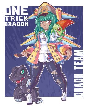 Rule 34 | 1girl, absurdres, aegisdramon, agumon (black), claws, digimon, green eyes, hat, highres, modokibetamon, personification, sharp teeth, teeth