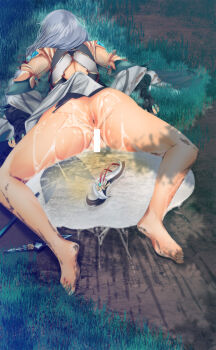 1girl aftersex anus bad_id bad_twitter_id barefoot bodysuit braid censored cum cum_pool dirty dirty_feet face_down fumihiko_(fu_mihi_ko) genshin_impact grass highres long_hair mud outdoors pee shenhe_(genshin_impact) silver_hair sweat unconscious