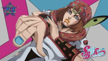 1boy absurdres araki_hirohiko_(style) arm_warmers bad_anatomy beanie blood blood_from_mouth blood_on_face blue_nails brown_hair colorized feathers foreshortening grey_hoodie grey_pants hat heart_ornament highres hood hood_down hoodie horse_print horseshoe_hat_ornament horseshoe_ornament johnny_joestar jojo_no_kimyou_na_bouken jojomelhoranim logo male_focus medium_hair official_style orange_lips pants parted_lips pointing pointing_at_viewer red_arm_warmers red_hat red_hood short_sleeves solo star_(symbol) star_print steel_ball_run upper_body