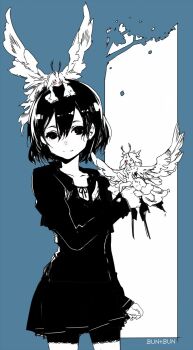 3girls blue_background breasts bunbun cleavage cleavage_cutout clothing_cutout commentary_request dress fairy greyscale_with_colored_background highres holding holding_mini_person medium_breasts mini_person minigirl multiple_girls original pleated_dress red_eyes short_dress signature sleeves_past_fingers sleeves_past_wrists smile spot_color wings