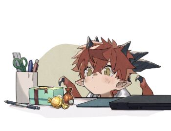 1boy candy computer crossed_bangs dragon_boy dragon_horns dragon_wings food green_eyes hood hood_down horns laptop male_focus messy_hair mousepad_(object) mullmull02 original pen pointy_ears red_hair red_wings ruler scissors short_hair solo taras-kun_(mullmull02) wings wrapped_candy