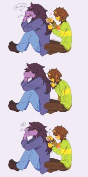 1girl 1other ? blue_pants blush brown_hair brown_shoes brushing_another's_hair brushing_hair colored_sclera colored_skin deltarune freckles full_body furry furry_female furry_with_non-furry green_sweater hair_brush highres holding holding_hair_brush indian_style interspecies jacket kissing_hair knees_up kris_(deltarune) open_mouth pants pink_skin purple_jacket sequential shoes short_hair simple_background sitting spoken_question_mark susie_(deltarune) sweater temari_no_utage utdr_(toby_fox) white_background yellow_sclera