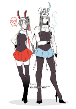 ... 2boys ahoge alternate_costume animal_ears bare_shoulders black_choker black_hair black_leotard black_pantyhose black_shoes black_thighhighs blue_skirt blush choker closed_eyes closed_mouth collarbone commentary_request crossdressing crossdressing_(mtf) fake_animal_ears full_body grey_eyes hair_ribbon hand_on_another's_shoulder hand_on_own_hip headband heart height_difference high_heels highres implied_yaoi lan_wangji leotard long_hair male_focus male_playboy_bunny miniskirt modao_zushi multiple_boys pantyhose pectoral_cleavage pectorals playboy_bunny pleated_skirt pointy_ears ponytail rabbit_ears red_ribbon red_skirt ribbon shoes sidelocks simple_background skirt smile spoken_ellipsis spoken_heart standing thighhighs topknot twitter_username very_long_hair wei_wuxian white_background white_headband wrist_cuffs xiao_guan_(headdress) ykmr_(haga) zettai_ryouiki