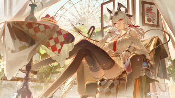 1girl absurdres ahoge bag black_horns black_jacket black_nails black_shoes black_tail black_thighhighs cake cake_slice closed_mouth closed_umbrella clothing_cutout crossed_legs cup curled_horns demon_tail disposable_cup dress earrings eyewear_on_head ferris_wheel fingernails food grey_dress grey_hair hair_between_eyes high_heels highres holding holding_cup horns indoors jacket jewelry long_hair mole mole_under_eye multicolored_hair nail_polish necktie red_eyes red_necktie sanyue_qiushi shoes shopping_bag shoulder_cutout sitting solo streaked_hair sunglasses sweater sweater_dress table tail thighhighs thighs umbrella unworn_jacket white_umbrella wuthering_waves zani_(downtown_repose)_(wuthering_waves) zani_(wuthering_waves)