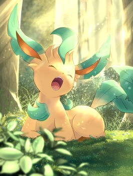 :o blurry blurry_foreground closed_eyes commentary_request day gen_4_pokemon grass highres leafeon light_rays lying nintendo no_humans on_stomach open_mouth outdoors pokemon pokemon_(creature) pokemon_focus rumine_(yoshi1234567) solo teeth tongue tree yawning