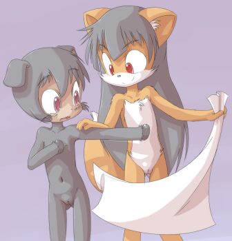 2girls animal animal_ears black_hair blush bo_(sugarbits) collarbone embarrassed flat_chest fox fox_ears fox_girl fox_tail furry holding holding_towel hooves long_hair looking_at_another multiple_girls navel nipples nude open_mouth orange_fur pig pig_ears pig_girl pink_eyes purple_background pussy red_eyes robin_(sugarbits) sakuramoto short_hair smile standing sugar_bits surprised tail towel