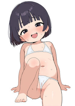 1girl ai-assisted ass belly bikini blunt_bangs blush bob_cut cameltoe fang flat_chest highres kuma-san loli looking_at_viewer micro_bikini original plump pussy pussy_peek simple_background smile solo swimsuit white_background
