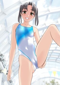 1girl absurdres breasts brown_eyes brown_hair cameltoe commentary_request competition_swimsuit covered_navel crotch_focus from_below glass_ceiling grin highres leg_lift leg_up multicolored_swimsuit one-piece_swimsuit original small_breasts smile solo standing standing_on_one_leg swimsuit takafumi twintails variant_set white_one-piece_swimsuit