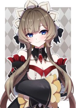 1girl absurdres argyle_background bare_shoulders black_bow black_sleeves blue_eyes blunt_bangs blush border bow breasts brown_hair cleavage closed_mouth commentary_request detached_sleeves dress genshin_impact hair_bow highres large_breasts long_hair long_sleeves looking_at_viewer outline outside_border parted_bangs ruisuke sandrone_(genshin_impact) smile solo strapless strapless_dress upper_body white_border white_dress white_outline