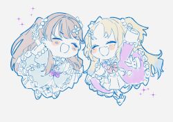 Rule 34 | 2girls, ^ ^, bandaid, bandaid hair ornament, bandaid on leg, blonde hair, blue dress, blue hair, blush stickers, bow, bowtie, brown hair, chibi, chibi only, choker, clenched hands, closed eyes, coat dress, commentary, dress, dress bow, fujishima megumi, gradient hair, hair bow, hair ornament, hand up, heart, heart choker, heart o-ring, highres, light blue hair, limited palette, link! like! love live!, long hair, long sleeves, love live!, mira-cra park!, multicolored hair, multiple girls, open mouth, osawa rurino, parted bangs, pink dress, pleated dress, purple bow, raised fist, red bow, red bowtie, redrawn, shnnnnrn1, short sleeves, simple background, slippers, smile, sparkle, twintails, two side up, v-shaped eyebrows, virtual youtuber, white background, white dress