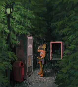 1girl boots braid brown_hair can closed_eyes closed_umbrella drinking forest hashtag-only_commentary highres holding holding_can holding_umbrella ktm_r_mtk lamppost madotsuki nature outdoors pink_sweater purple_skirt rain red_boots rubber_boots skirt solo standing sweater trash_can tree umbrella vending_machine yume_nikki
