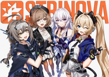 4girls absurdres ahoge animal_ear_headphones animal_ears bad_tag bell belt blonde_hair blue_eyes blush bob_cut bow braid braided_ponytail breasts brown_hair cape cat_ear_headphones cat_ears celestia_(strinova) choker cuffs dress fake_animal_ears fang fingerless_gloves flat_chest fumimik0 glasses gloves goggles goggles_on_head hair_between_eyes hair_intakes hair_ornament hair_tie hairclip halterneck hand_up handcuffs harness hat headphones headset heart heart_hands highres jacket kokona_(strinova) long_hair looking_at_viewer low_ponytail maddelena_(strinova) medium_breasts michele_(strinova) multiple_girls navel necktie one_eye_closed open_mouth orange_eyes pantyhose ponytail purple_eyes round_eyewear shirt short_hair shorts sidelocks simple_background skin_fang smile standing strinova teeth thigh_strap twintails upper_teeth_only v white_background white_hair white_shirt wink yellow_eyes