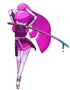 adventure_time alternate_costume armor blunt_bangs colored_skin discount-supervillain full_body highres japanese_armor katana long_hair pink_hair pink_skin ponytail princess_bonnibel_bubblegum sandals standing sword sword_in_mouth teeth toon_(style) very_long_hair weapon