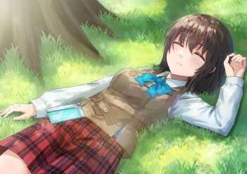 1girl absurdres aoi_erika arm_up black_hair blue_bow blue_bowtie blush book bow bowtie breasts brown_hair brown_vest buttons closed_eyes collared_shirt day grass hair_between_eyes heaven_burns_red highres long_sleeves lying medium_breasts medium_hair mok_kan on_back on_grass on_ground outdoors parted_lips plaid_clothes plaid_skirt pleated_skirt red_skirt school_uniform shirt short_hair skirt sleeping solo tree vest white_shirt