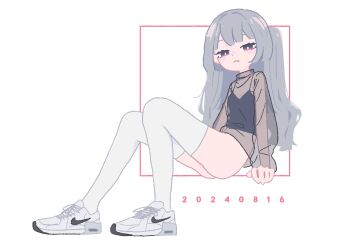 1girl :< arm_support ass black_camisole bottomless camisole dated dot_nose flat_chest grey_hair narrowed_eyes nike_(company) one_side_up original purple_eyes see-through_clothes shoes simple_background sitting slope_moon sneakers solo square streetwear thighhighs white_background white_shoes white_thighhighs