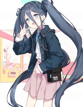 1girl aqua_halo aris_(blue_archive) bag black_hair blue_archive blue_eyes blush collared_shirt commentary_request crane_game grey_jacket hair_between_eyes halo hand_up highres jacket long_hair long_hair_between_eyes long_sleeves looking_at_viewer miya_kazutomo open_clothes open_jacket open_mouth pink_skirt pleated_skirt shirt shirt_tucked_in shoulder_bag skirt smile solo twintails very_long_hair white_shirt