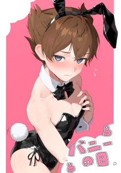 1boy absurdres animal_ear_hairband animal_ears armpit_crease bare_shoulders black_bow black_bowtie black_leotard blue_eyes blush border bow bowtie brown_hair collarbone commentary_request cowboy_shot crossdressing crossdressing_(mtf) crossed_bangs detached_collar fake_animal_ears fake_tail hair_between_eyes hairband hand_up highleg highleg_leotard highres inazuma_eleven_(series) inazuma_eleven_go leotard looking_at_viewer m1_tsuru male_focus male_playboy_bunny matsukaze_tenma pink_background rabbit_ear_hairband rabbit_ears rabbit_tail short_hair skindentation solo tail white_border