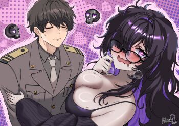 1boy 1girl black-framed_eyewear black_hair blush breasts brown_hair closed_eyes colored_inner_hair commander_(nikke) embarrassed floating_skull glasses goddess_of_victory:_nikke grabbing_another's_arm hair_over_one_eye heart heart-shaped_pupils hoshiberuu label_(nikke) looking_at_viewer military_uniform mole mole_on_breast multicolored_hair nervous nervous_smile open_mouth purple_streaks smile steam sweat symbol-shaped_pupils