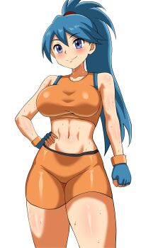 1girl abs absurdres battle_girl_(pokemon) bike_shorts blue_eyes blue_gloves blue_hair blush breasts closed_mouth collarbone commentary_request cowboy_shot fingerless_gloves gloves hair_between_eyes hand_on_own_hip highres long_hair nintendo orange_shorts orange_sports_bra pokemon pokemon_omega_ruby_and_alpha_sapphire ponytail shiny_skin shorts simple_background smile solo split_mouth sports_bra suretro sweat thighs toned toned_female white_background