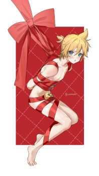 1boy apple blonde_hair blue_eyes blush christmas golden_apple hair_between_eyes kagamine_len looking_at_viewer male_focus naked_ribbon nipples open_mouth restrained ribbon shota solo twintails vocaloid wumumu
