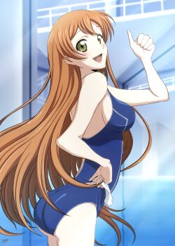 1girl :d absurdres adjusting_clothes adjusting_swimsuit arimadate ashford_academy_swimsuit ass breasts code_geass commentary_request competition_school_swimsuit competition_swimsuit from_behind green_eyes highres indoors long_hair looking_at_viewer looking_back medium_breasts official_alternate_costume one-piece_swimsuit open_mouth orange_hair red_hair school_swimsuit shirley_fenette smile solo swimsuit thumbs_up unworn_swim_cap