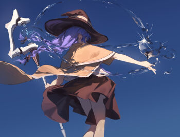 1girl absurdres black_bow blue_hair blue_sky bow braid brown_cloak brown_hat brown_skirt chinese_commentary clear_sky cloak clothes_lift commentary_request feet_out_of_frame floating_clothes floating_hair from_behind hair_bow hat heart highres holding holding_staff hydrokinesis loong_(loong_blo) low_twin_braids mage_staff mushoku_tensei outdoors outstretched_arms roxy_migurdia skirt skirt_lift sky solo sparkle spread_arms staff standing twin_braids water wind wind_lift witch_hat