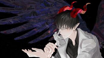 Rule 34 | 2boys, astronaut, black hair, black shirt, black wings, closed eyes, coat, collared shirt, demon horns, feathered wings, floating, giant, hand on another's face, highres, horns, keomikan, kim dokja, male focus, mini person, miniboy, multiple boys, official alternate costume, omniscient reader's viewpoint, open clothes, open coat, outstretched hand, pointy ears, shirt, short hair, size difference, white coat, wings, yoo joonghyuk