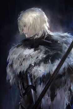 Rule 34 | 1boy, absurdres, armor, black armor, black fur, blonde hair, dimitri alexandre blaiddyd, dimitri alexandre blaiddyd (timeskip), fek zin, fire emblem, fire emblem: three houses, from behind, highres, holding, holding polearm, holding weapon, looking to the side, male focus, medium hair, nintendo, parted lips, polearm, profile, solo, upper body, weapon, white fur
